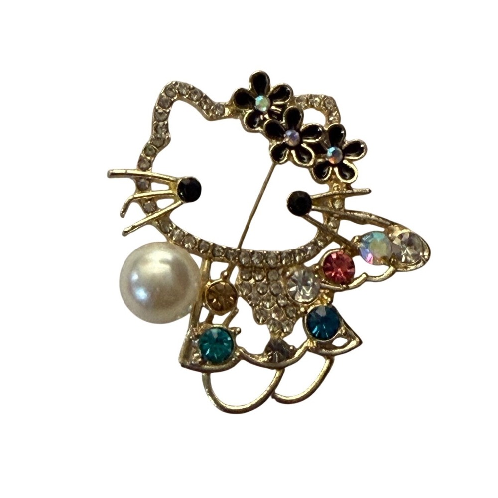 Hello Kitty Style Cat Brooch Gold Tone Rhinestone Faux Pearl Enamel Flower Pin